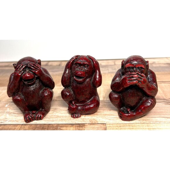 See No Evil Hear No Evil Speak No Evil Red Resin Monkey Figurines Set Heavy - Picture 1 of 5
